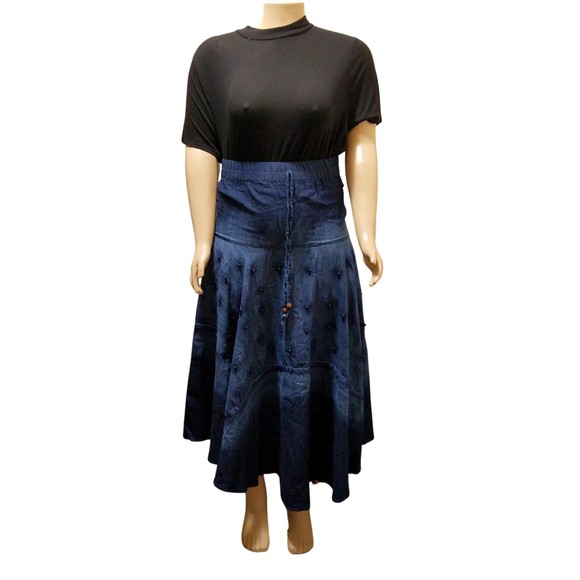 Blue Ombre Denim Patchwork Bohemian Maxi Skirt – One Size - Picture 1 of 5